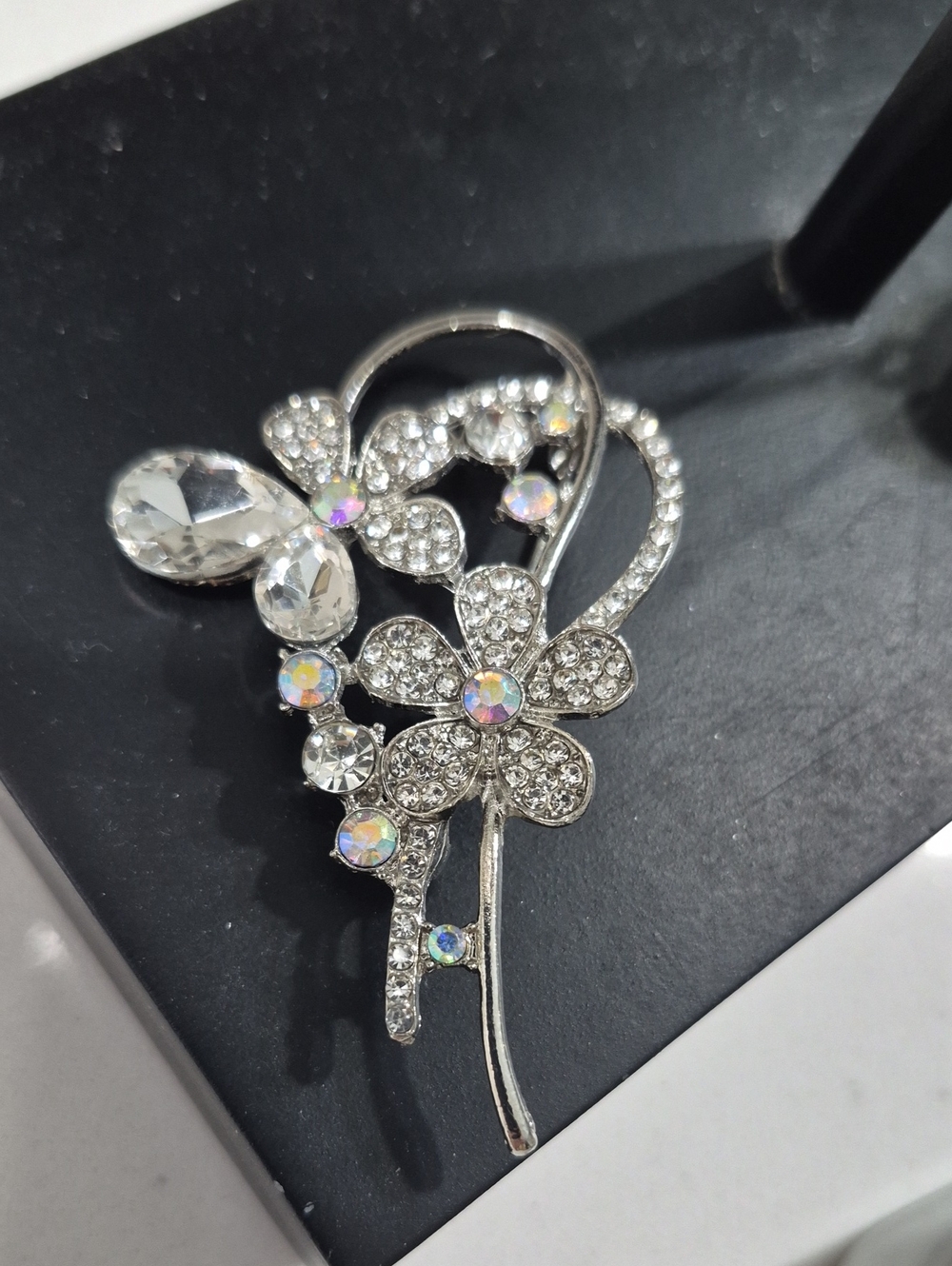 Crystal Floral Brooch Pin - Silver Clear Rhinestone Accent